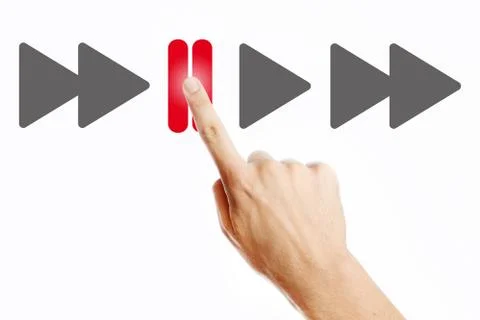 Male hand pressing pause button on the virtual screen Stock Photos