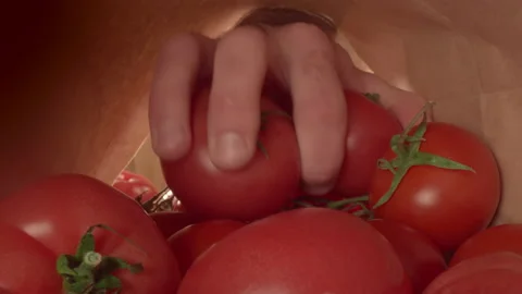 Male hand pulls tomatoes out of a grocery paper bag. Shopping Cooking Organic Stock Footage 151797017