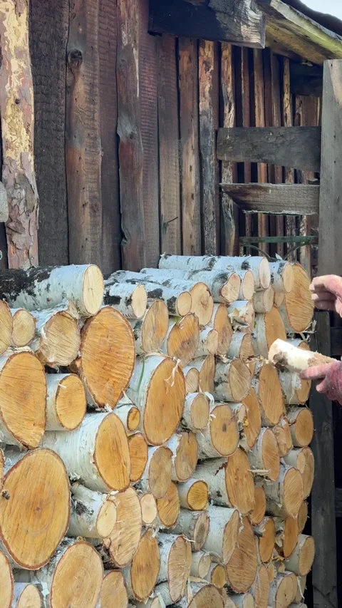 Male hand stacking firewood logs against rustic wooden shed wall, 4K rural yard 库存影片 337989382
