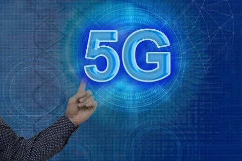 Male hand on the technological background, using the network interface, the i Foto stock