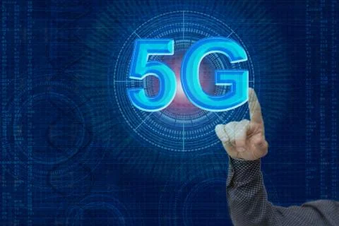 Male hand on the technological background, using the network interface, the i Foto stock