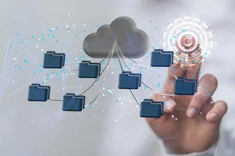 Male hand touching 3d Data cloud storage network from lines, triangles and parti Stock Photos