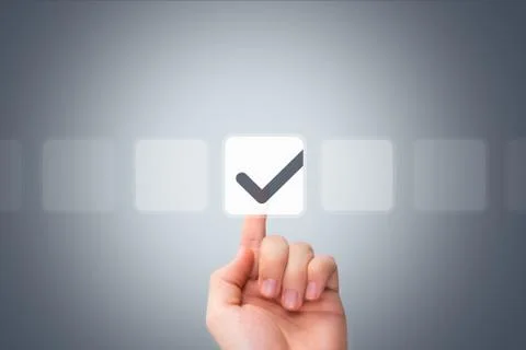 Male hand touching button and ticking check box Stock Illustration