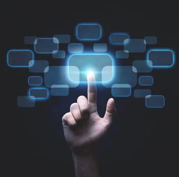 Male hand touching in virtual button. Business, Technology Stock Photos