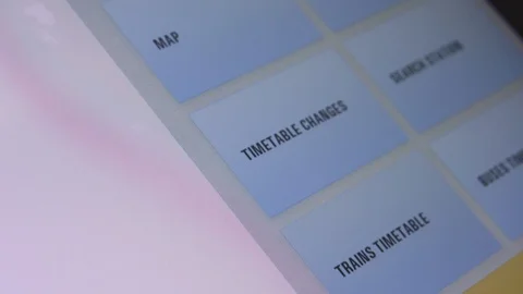 Male hand uses blank touch screen of an interactive information stand, presses Stock Footage 112357609