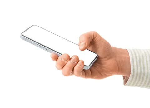 Male hand using blank mobile phone on white background Stock Photos