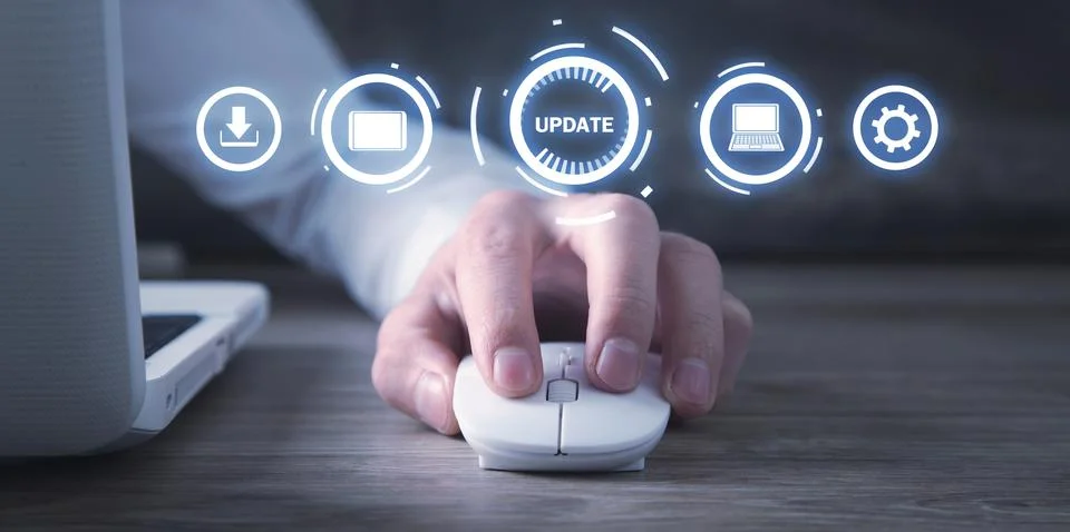 Male hand using computer mouse. Update Program. Business, Technology, Interne Stock Photos