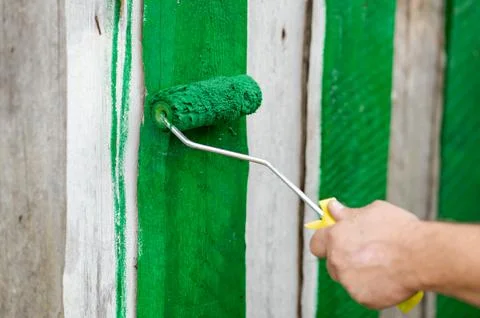 Male hand using a paint roller to apply green paint on a wooden wall during.. Stock Photos