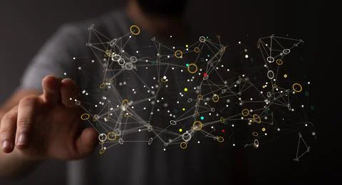 Male hands with 3d render of internet net and data digital concept Stock Photos