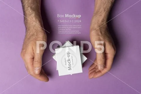 Male hands around pills boxes in front of purple background mock-up series 46 PSD Template
