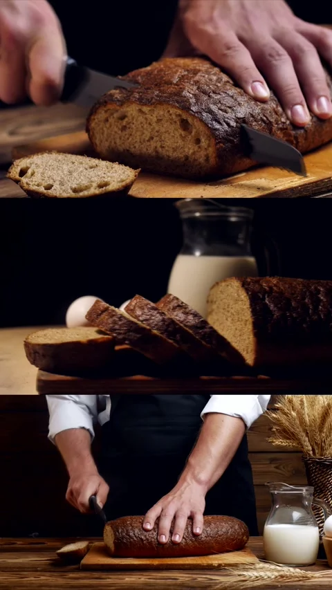 Male hands cutting bread with a knife in the kitchen Stock Footage 304158546