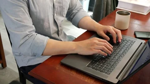 Male hands gesturing as he talks through a video voice chat Stock Footage 247480002