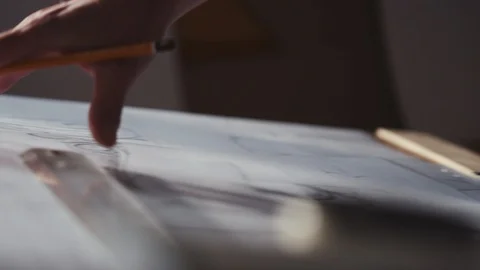 Male hands making an architectural plan on the big table inside the workshop Stock-Footage 107423437