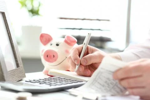 Male hands making notes with silver pen about family budget Stock Photos