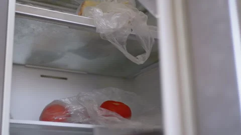 Male Hands Open Empty Refrigerator, which Contains Two Tomatoes in Plastic Bags Stock Footage 154357249