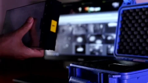 Male hands put technical device in small blue high security level bulletproof ca Stock Footage 132675126