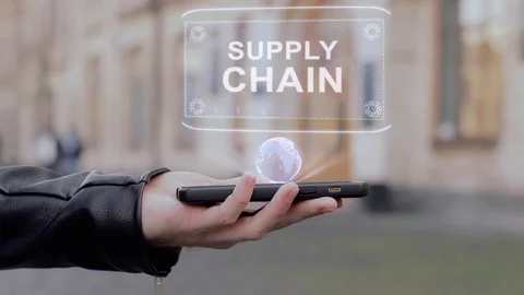 Male hands show on smartphone conceptual HUD hologram Supply Chain Stock Footage 99636341