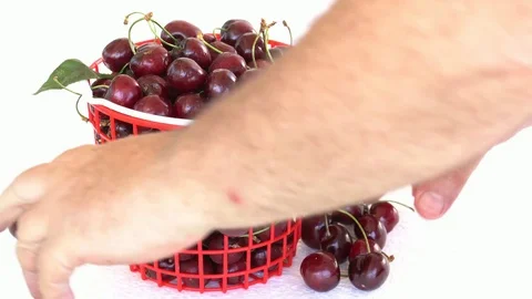Male hands stack the cherry in the basket  on a white background Stock Footage 76984150