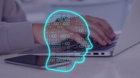 Male hands typing on laptop, causing blue head overlay over keyboard streaming Stock Footage 334703591