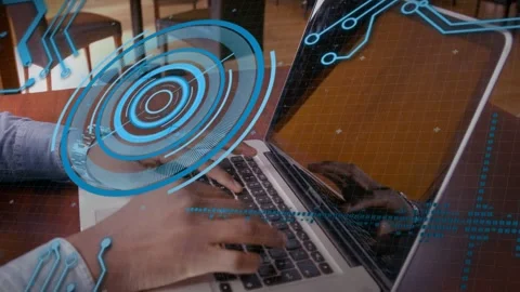 Male hands typing on laptop in tech lab, typing activating HUD animating data Stock Footage 334768712