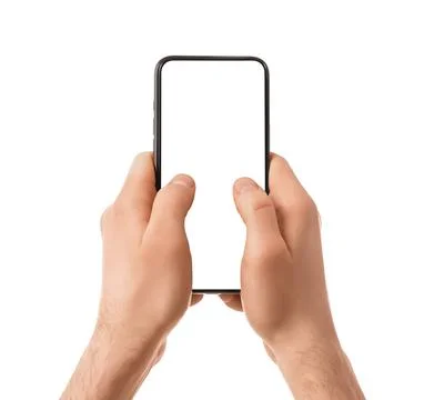 Male hands using blank mobile phone on white background Stock Photos