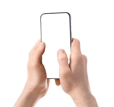 Male hands using blank mobile phone on white background Stock Photos