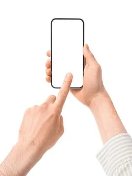 Male hands using blank mobile phone on white background Stock Photos