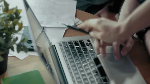 Male Hands Using Laptop On Modern Start Up Office Desk Business Team Meeting Stock Footage 92174496