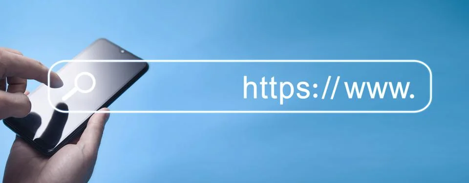 Male hands using smartphone. Https address. Internet search concept Foto stock