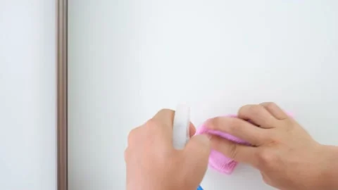 Male hands wipe the white surface of the cabinet with a pink rag close-up Stock Footage 196771286