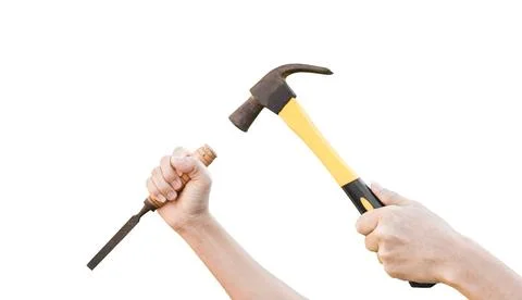 Male hands working with old rusty hammer and chisel isolated on white backgro Stock Photos