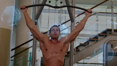 Male holding curved lat pulldown bar pulling to chest with holograms Stock Footage 330621684