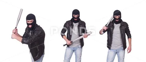 Male hooligan with bat on white Stock Photos