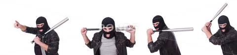 Male hooligan with bat on white Stock Photos