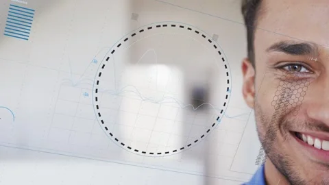 Male host opening eye, smiling as dashed circle expanding over cheek showing Stock Footage 333657631