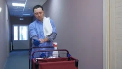 Young Man Pushing A Housekeeping Cart Laden With Clean Towels