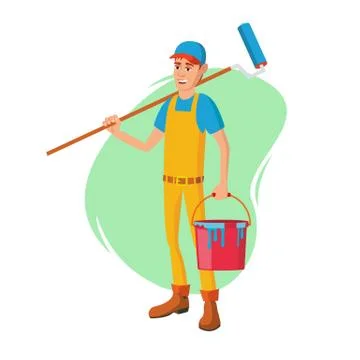 Male House Painter Vector. Classic Paintbrush. Paint Concept Of House Renovation Stock Illustration