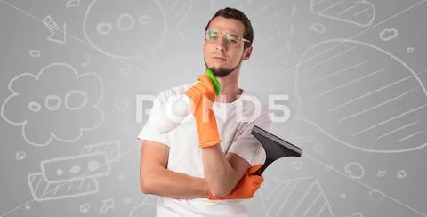 Male housekeeper with grey doodled wallpaper Stock Photos