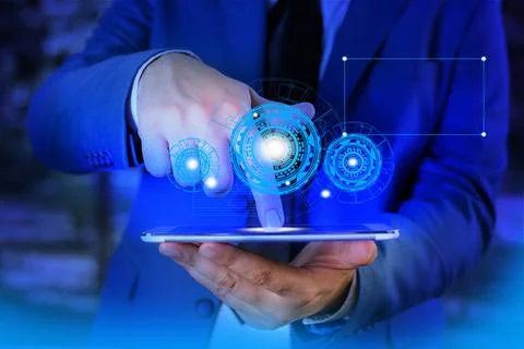 Male human presenting a presentation using the latest sophisticated device... Foto stock