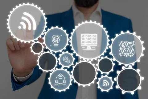 Male human presenting a presentation using the latest sophisticated device... Foto stock