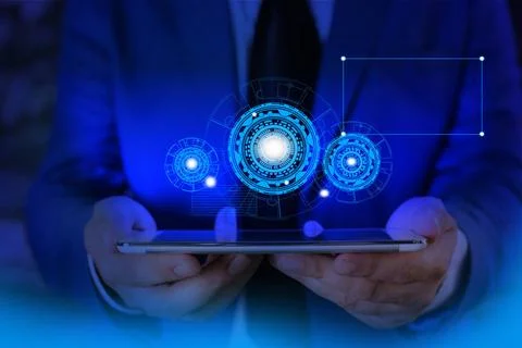 Male human presenting a presentation using the latest sophisticated device... Foto stock