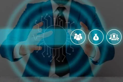 Male human presenting a presentation using the latest sophisticated device... Foto stock