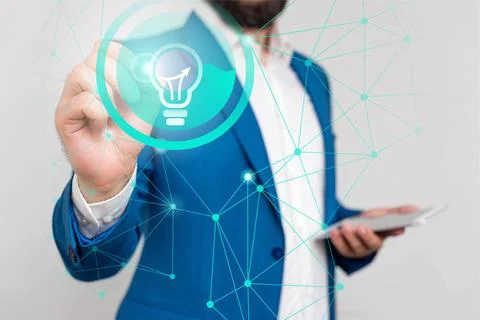Male human presenting a presentation using the latest sophisticated device... Stock Photos