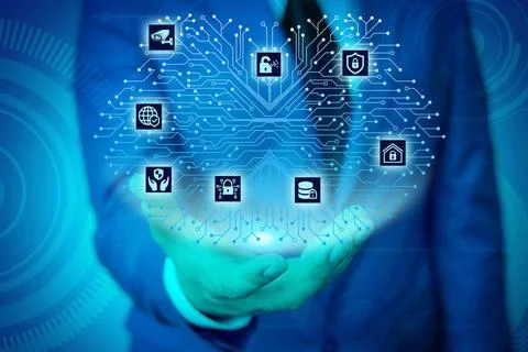 Male human presenting a presentation using the latest sophisticated device... Stock Photos