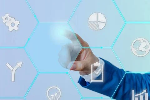 Male human presenting a presentation using the latest sophisticated device... Foto stock