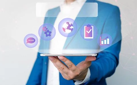 Male human presenting a presentation using the latest sophisticated device... Foto stock