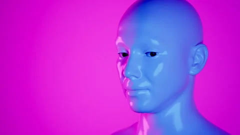 Male hyper-realistic robot or cyborg in studio with neon light. Artificial Stock Footage 244243982