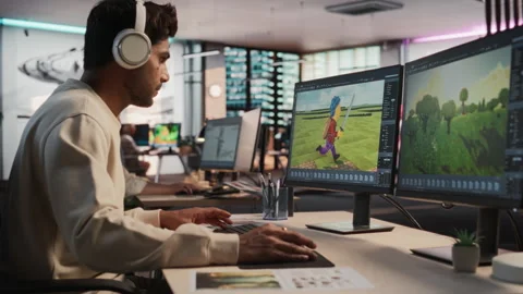 Male Indian Game Developer Working On Computer In Office Stock Footage 255794945