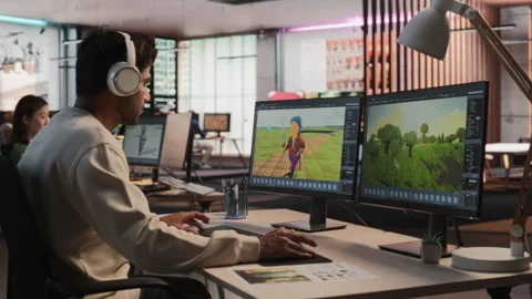 Male Indian Game Developer Working On Computer In Office Stock Footage 255795027