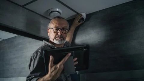 Male installer uses tablet computer to set up surveillance camera in office Foto stock